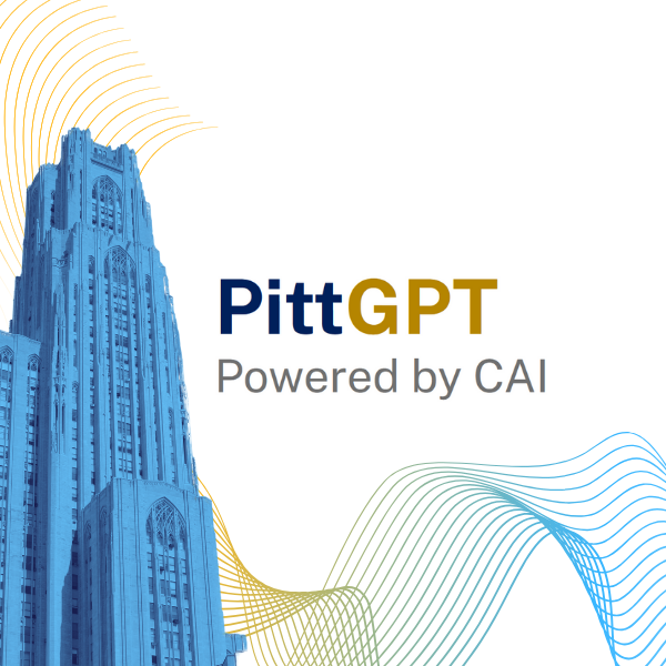 PittGPT logo next to Cathedral of Learning stylized in blue.