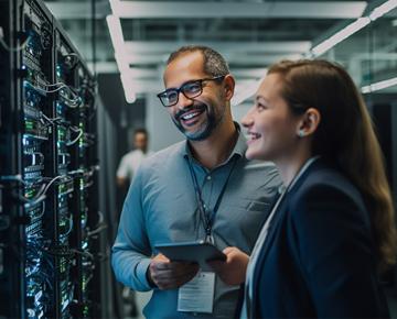 tech professionals looking at computer servers