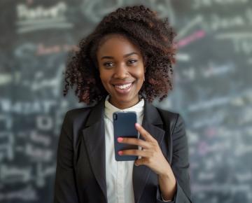 professor holding phone in front of chalk boad