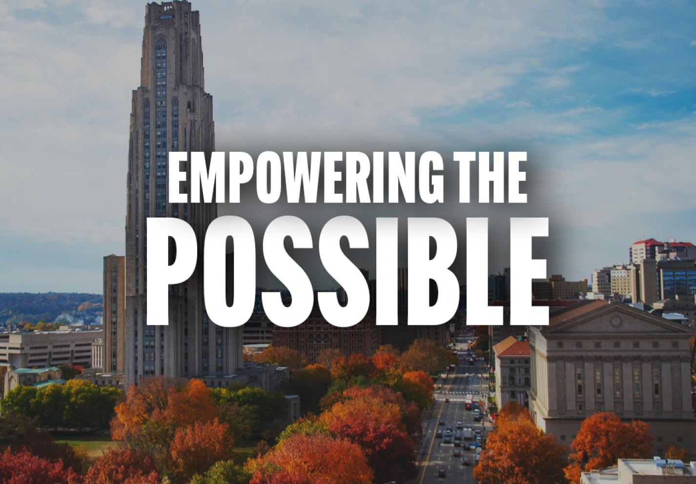 Campus image from the sky with marketing slogan stating, "empowering the possible."